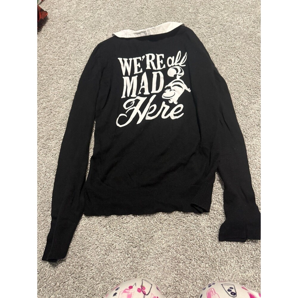 Disney Black Cardigan Sweater We're All Mad Here Alice in Wonderland Women's M